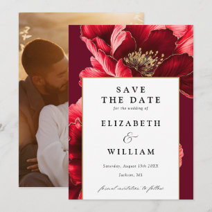 Burgundy Red And Gold Elegant Floral Photo Wedding Save The Date
