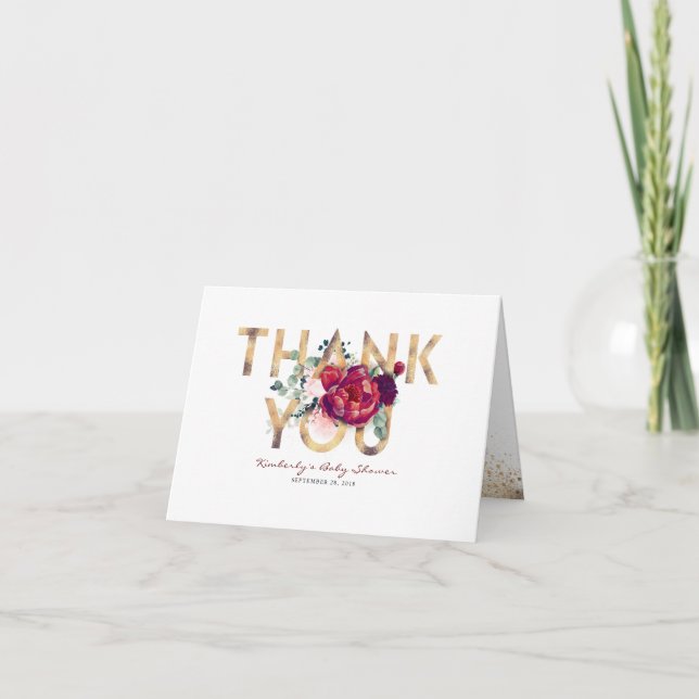 Burgundy Red and Gold Floral Baby Shower Thank You (Front)