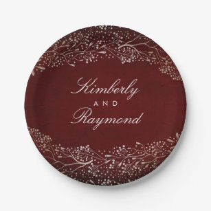 Burgundy Red and Gold Floral Vintage Wedding Paper Plate