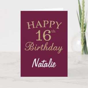 Burgundy Red and Gold Glitter 16th Birthday Card