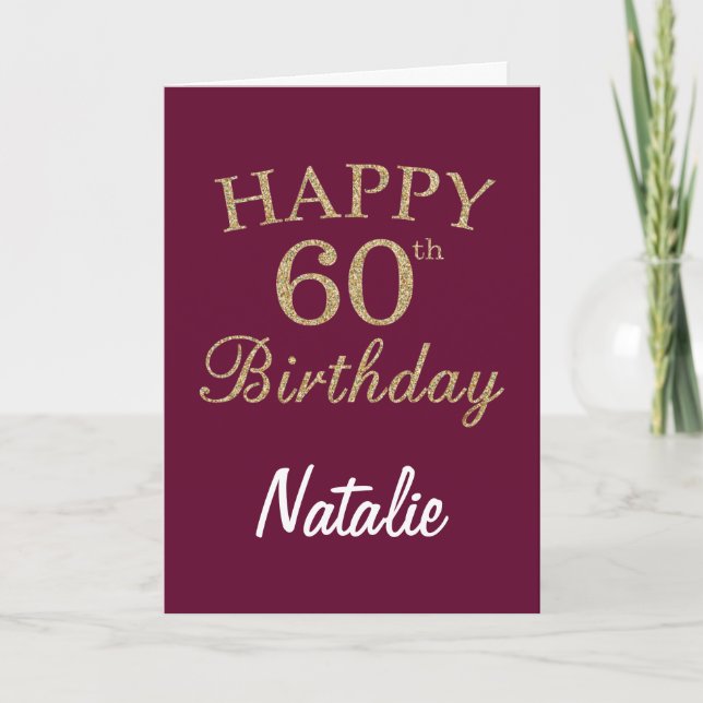 Burgundy Red and Gold Glitter 60th Birthday Card (Front)
