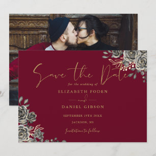 Burgundy Red And Gold Gothic Floral Photo Wedding Save The Date