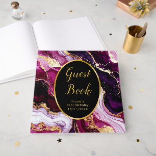Burgundy Red and Gold Marble Agate Birthday Party Guest Book