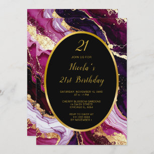 Burgundy Red and Gold Marble Agate Birthday Party Invitation