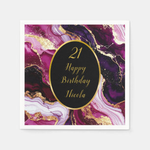 Burgundy Red and Gold Marble Agate Birthday Party Napkin