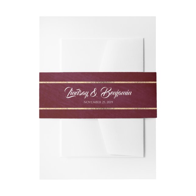 Burgundy Red and Gold Stripes Wedding Invitation Belly Band (Front Example)
