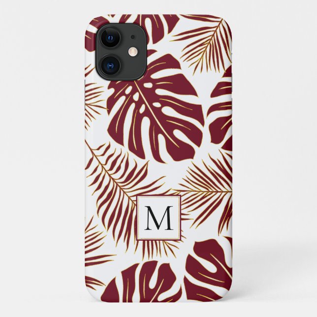 Burgundy red and gold tropical leaves and monogram Case-Mate iPhone case (Back)