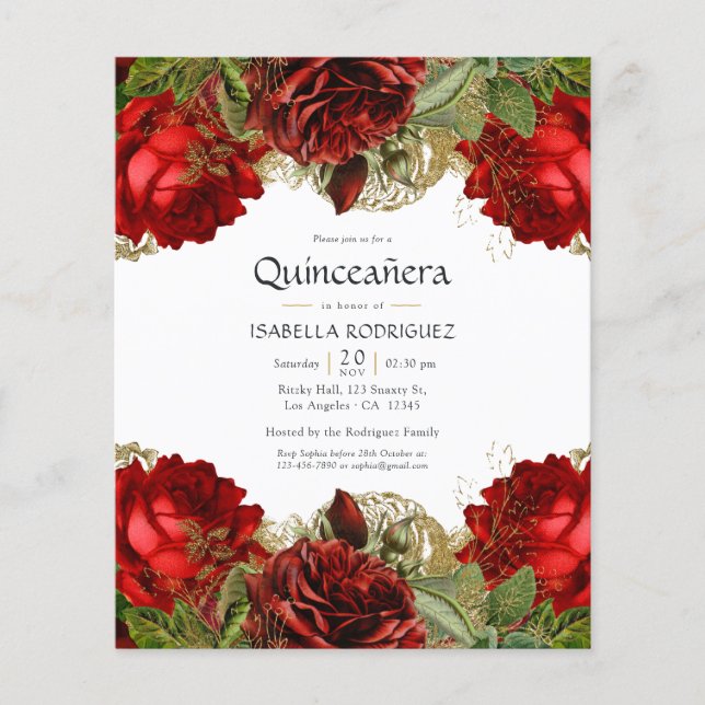 Burgundy Red and Gold Vintage Roses Quinceañera Flyer (Front)