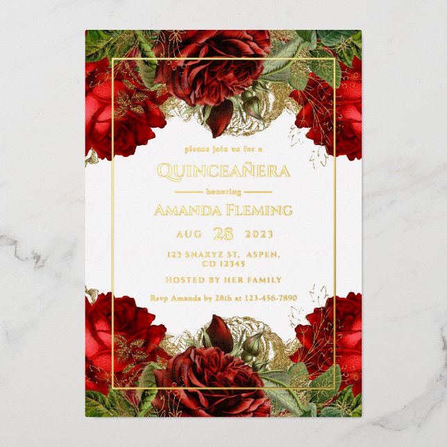 Burgundy Red and Gold Vintage Roses Quinceañera Fo (Front)
