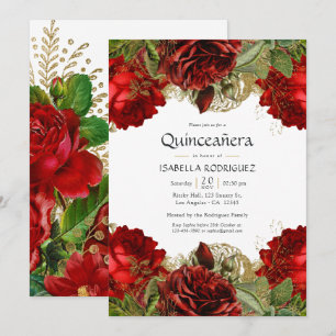 Burgundy Red and Gold Vintage Roses Quinceañera Invitation