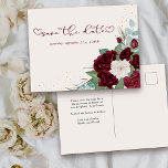 Burgundy Red and Ivory Rose Floral Save the Date Announcement Postcard<br><div class="desc">Floral Save the Date Postcard to customize for any occasion. The design has roses in burgundy red and ivory with gold confetti, foliage and eucalyptus leaves. Save the date is hand lettered with love heart flourishes. The template is set up for you to add your special date and a custom...</div>