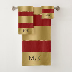 Burgundy red and luxury gold stripes pattern bath towel set