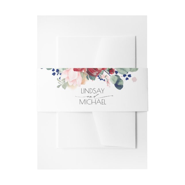 Burgundy Red and Navy Blue Floral Wedding Invitation Belly Band (Front Example)