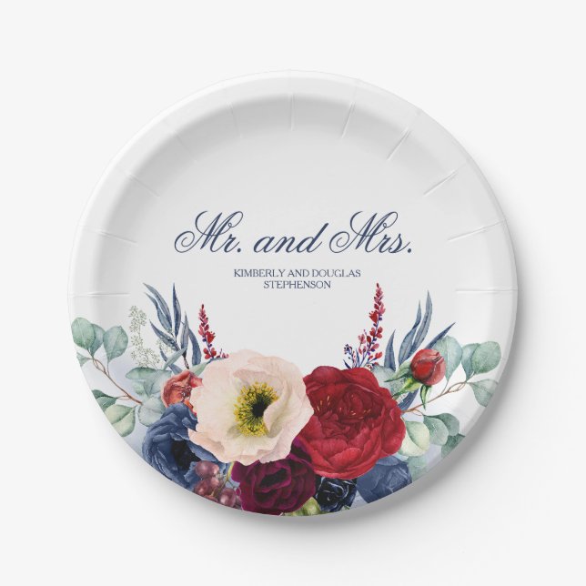 Burgundy Red and Navy Flowers Fall Wedding Paper Plate (Front)