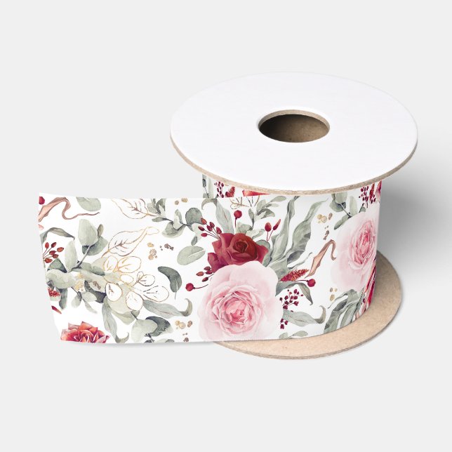 Burgundy Red and Pink Elegant Flowers Botanical Satin Ribbon (Spool)