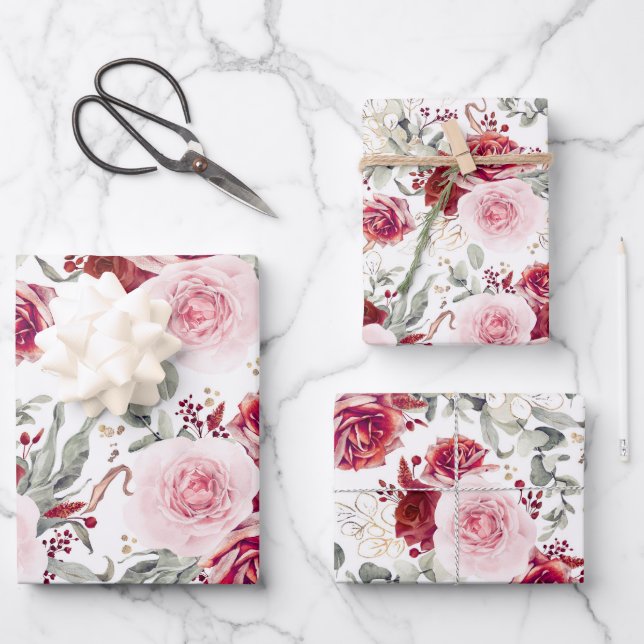 Burgundy Red and Pink Floral Botanical Elegant Wrapping Paper Sheet (Front)