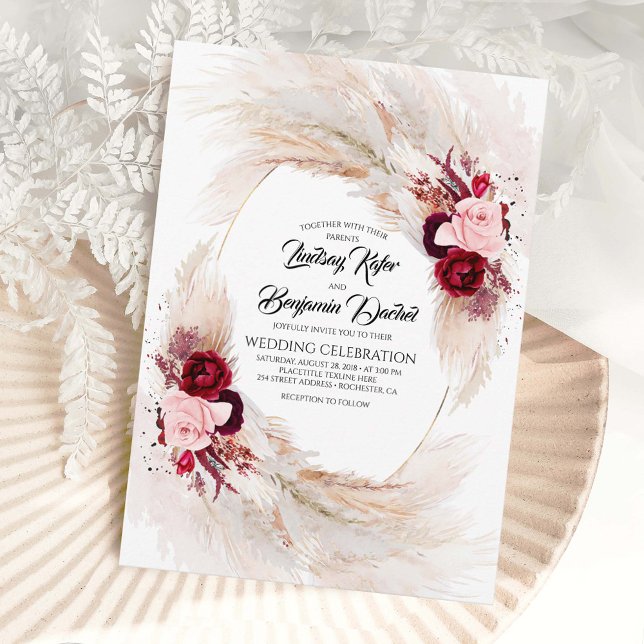 Burgundy Red and Pink Floral Pampas Grass Wedding Invitation (Burgundy Red and Pink Flowers and Pampas Grass Boho Wedding Invitations)