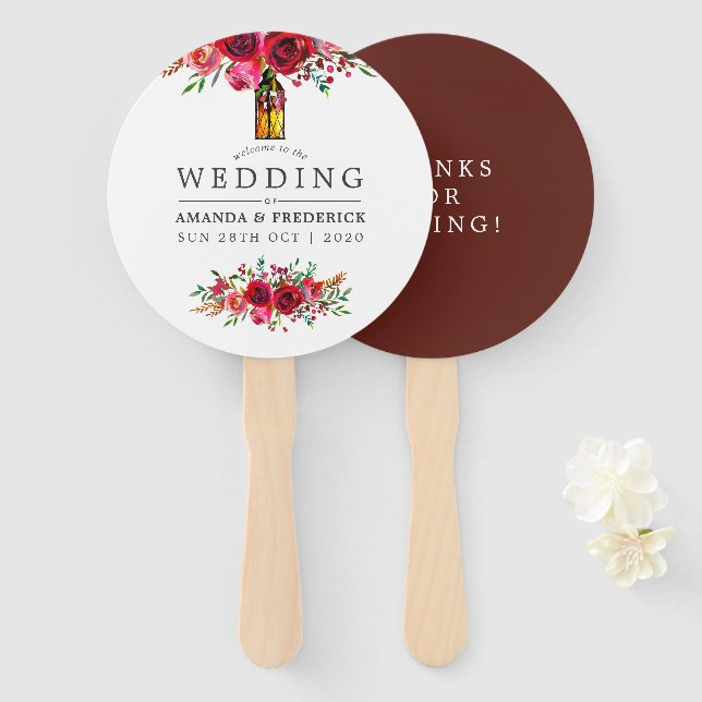 Burgundy Red and Pink Floral Wedding Favour Hand Fan (Front and Back)