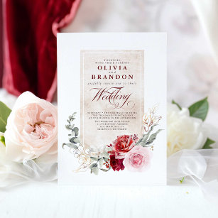 Burgundy Red and Pink Flowers Elegant Wedding Invitation