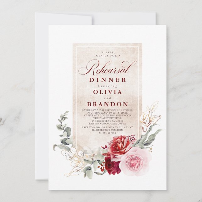 Burgundy Red and Pink Flowers Rehearsal Dinner Invitation (Front)