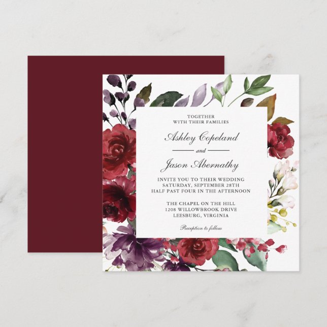 Burgundy Red and Purple Floral Romantic Wedding Invitation (Front/Back)