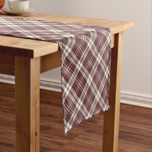 Burgundy Red and Tan Madras Plaid Pattern Short Table Runner