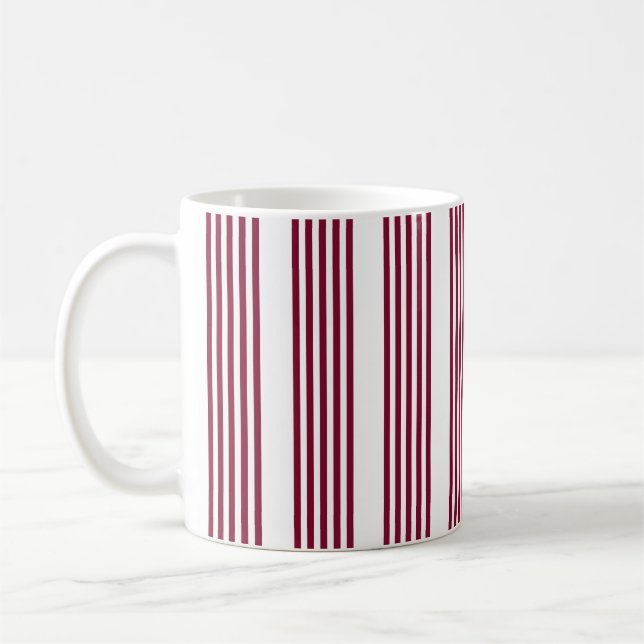 Burgundy red and white five stripe pattern coffee mug (Left)