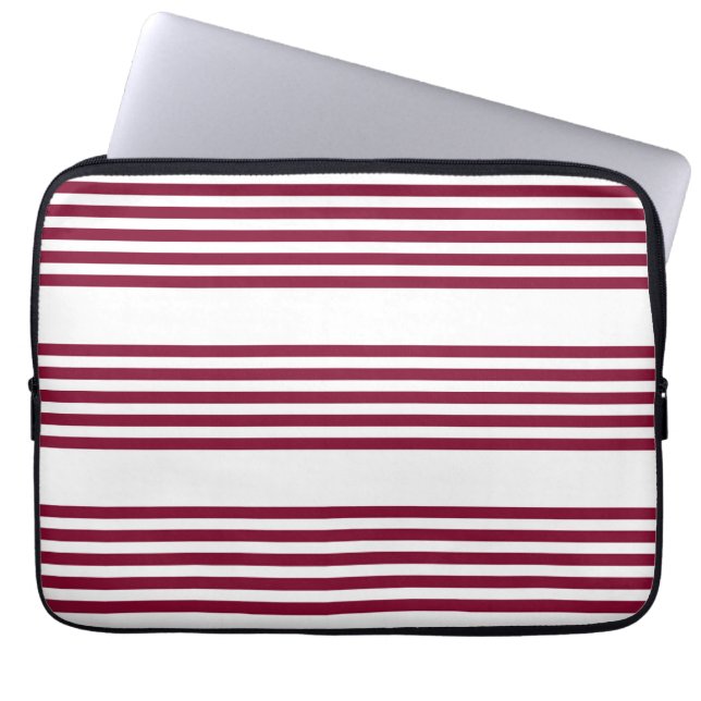 Burgundy red and white five stripe pattern laptop sleeve (Front)