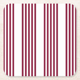 Burgundy red and white five stripe pattern square paper coaster