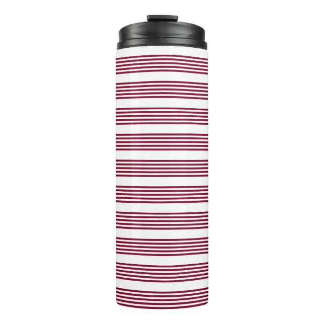 Burgundy red and white five stripe pattern thermal tumbler (Front)
