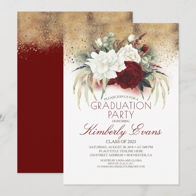 Burgundy Red and White Floral Elegant Graduation Invitation (Front/Back)