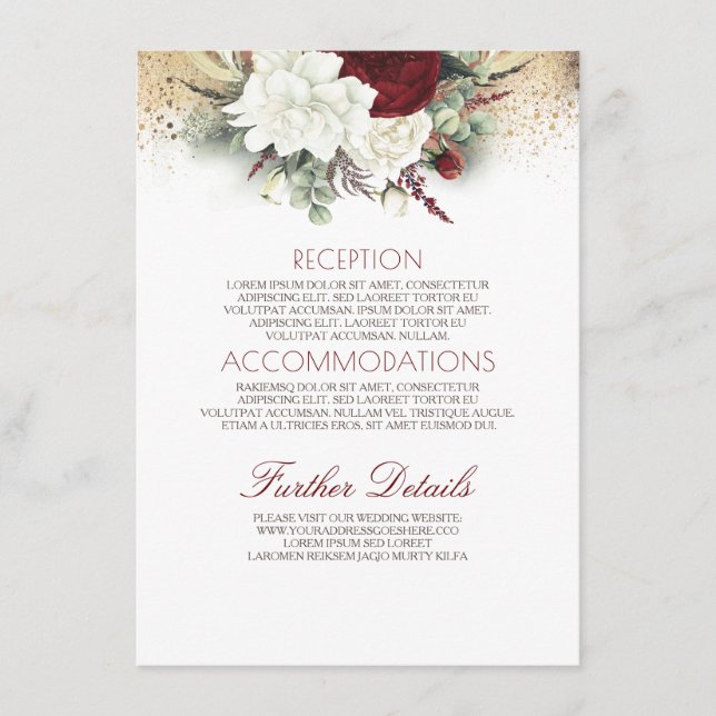 Burgundy Red and White Floral Wedding Information Enclosure Card (Front)