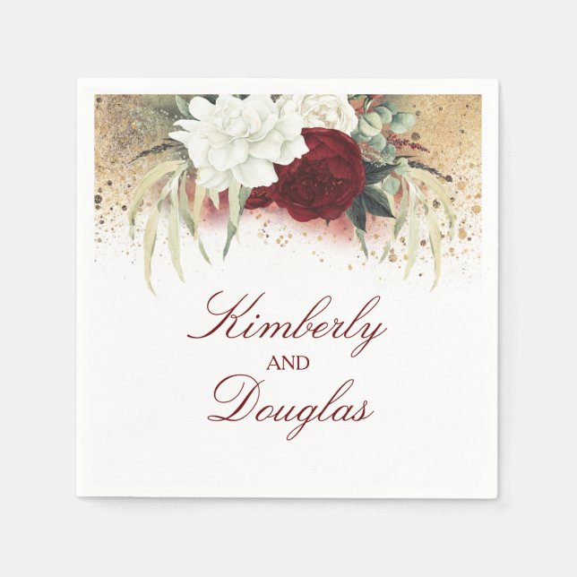Burgundy Red and White Floral Wedding Napkin (Front)