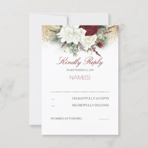 Burgundy Red and White Floral Wedding RSVP Card