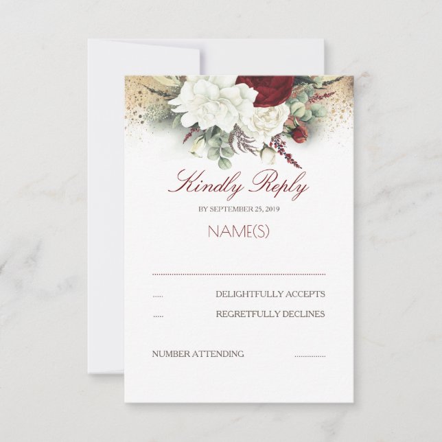 Burgundy Red and White Floral Wedding RSVP Card (Front)