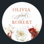 Burgundy Red and White Modern Floral Boho Wedding Classic Round Sticker<br><div class="desc">White and burgundy red floral boho wedding seals</div>