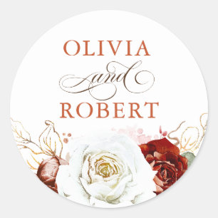 Burgundy Red and White Modern Floral Boho Wedding Classic Round Sticker