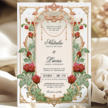Burgundy Red Art Nouveau Floral Wedding Invitation