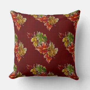 Burgundy Red Autumn Leaves Pattern Throw Pillow