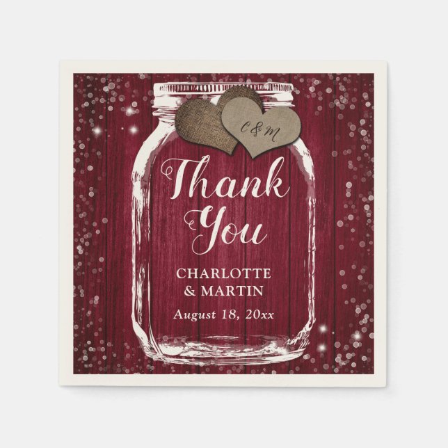 Burgundy Red Barn Wood Mason Jar Thank You Wedding Napkin (Front)