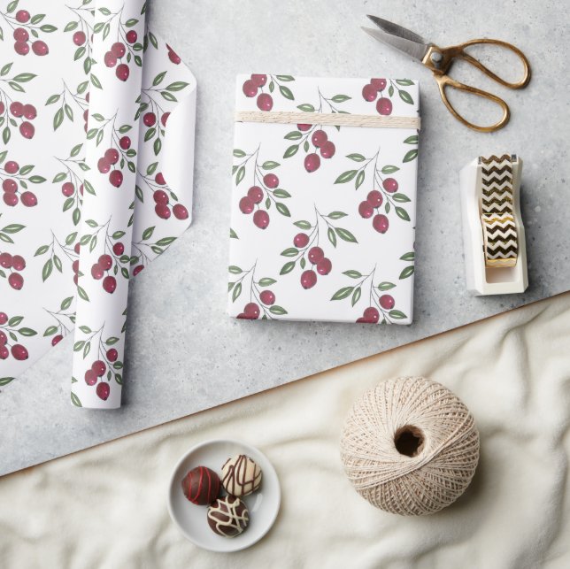 Burgundy Red Berries Pattern Wrapping Paper (Crafts)