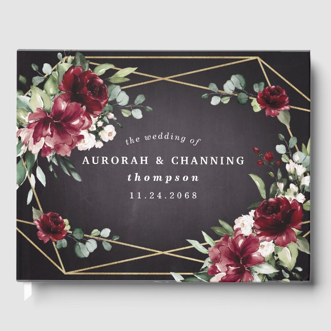 Burgundy Red Black and Gold Floral Elegant Wedding Guest Book (Front)