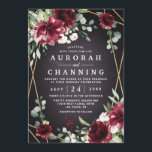 Burgundy Red Black and Gold Floral Elegant Wedding Invitation<br><div class="desc">Design features a black chalkboard printed texture for the background with a printed gold coloured geometric frame that’s covered in unique elegant greenery that consists of eucalyptus and other leaves/branch elements. Design also features burgundy red rose and peony flowers and other blush pink floral elements for added unique decor.</div>