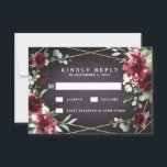 Burgundy Red Black and Gold Floral Elegant Wedding RSVP Card<br><div class="desc">Design features a black chalkboard printed texture for the background with a printed gold coloured geometric frame that’s covered in unique elegant greenery that consists of eucalyptus and other leaves/branch elements. Design also features burgundy red rose and peony flowers and other blush pink floral elements for added unique décor.</div>