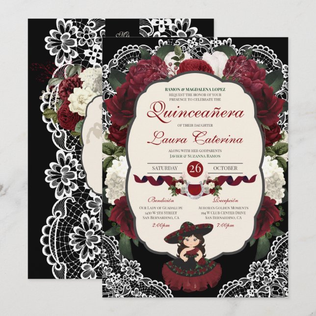 Burgundy Red Black Floral Elegant Charro Quince Invitation (Front/Back)