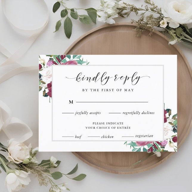 Burgundy Red Blooms Boho Wedding RSVP Meal Choice Card (Creator Uploaded)