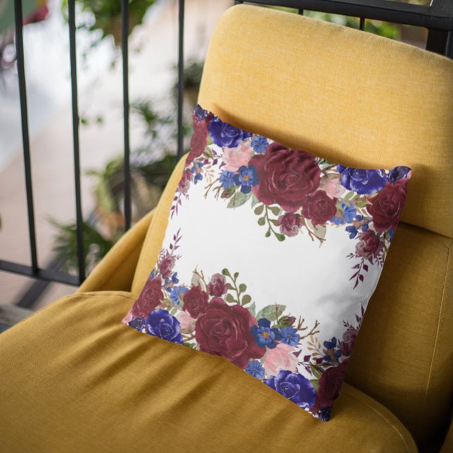 Burgundy Red Blue Navy Rose Flower Waterfall Drop Throw Pillow (Creator Uploaded)
