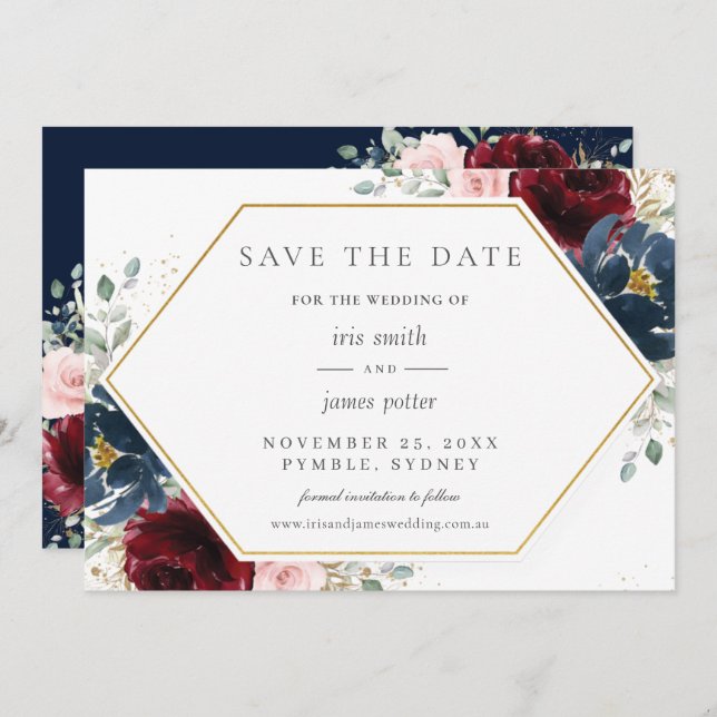 Burgundy Red Blush Blue Floral Wedding  Save The Date (Front/Back)