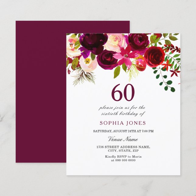Burgundy Red Blush Budget 60th Birthday Invitation (Front/Back)