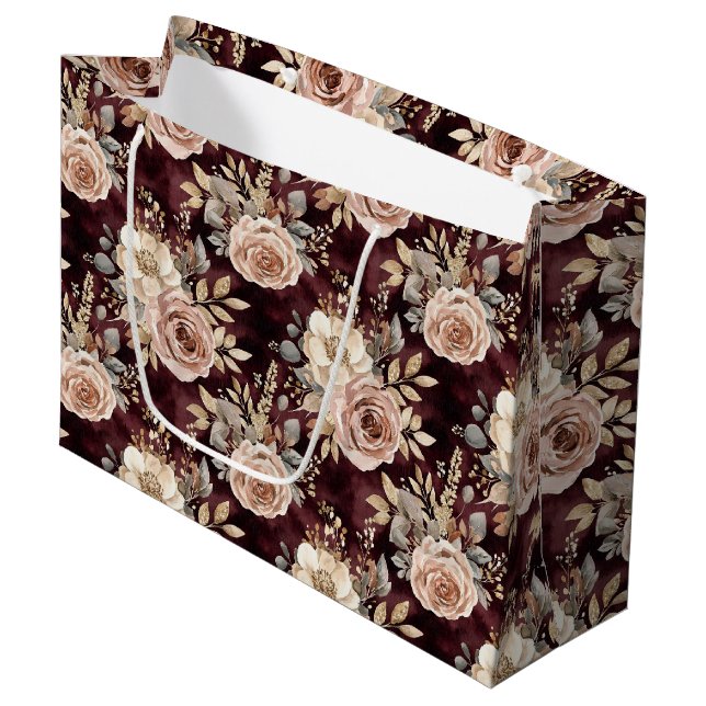 Burgundy Red Blush Floral Bridal Shower Large Gift Bag (Front Angled)